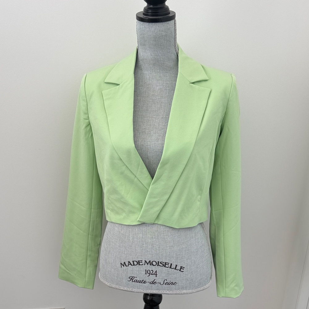 Cropped Light Green Open-Front Blazer Jacket